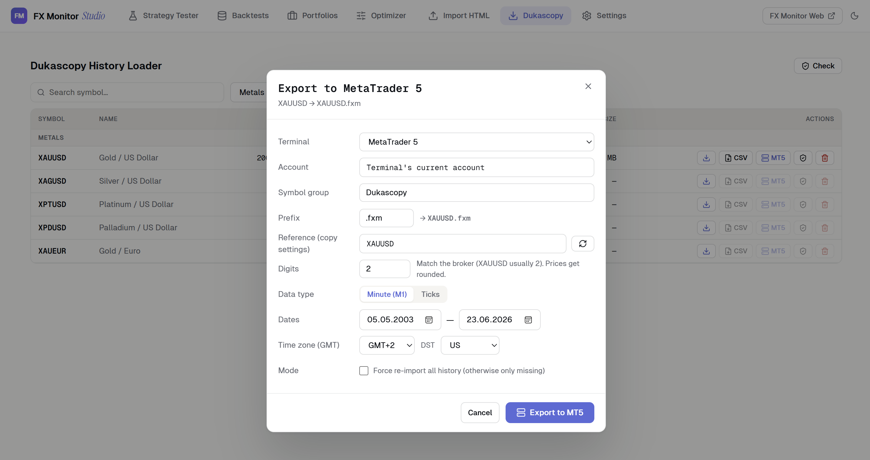 Dukascopy History Loader in FX Monitor Studio