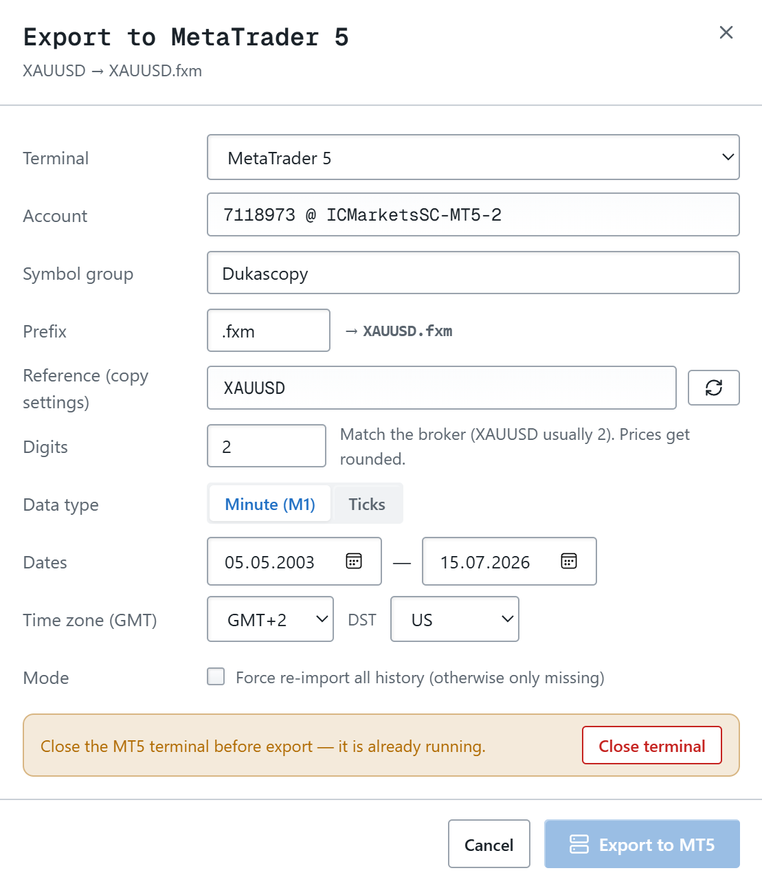 Dukascopy History Loader